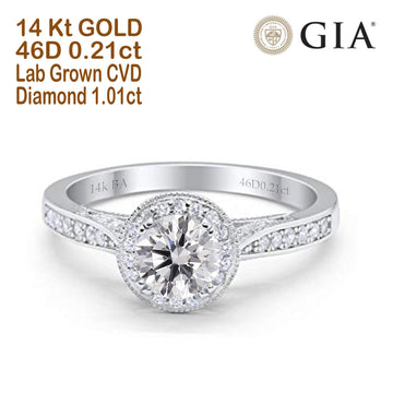 14K White Gold Halo GIA Certified Round 6.5mm D VS1 1.01ct Lab Grown CVD Diamond Engagement Wedding Ring